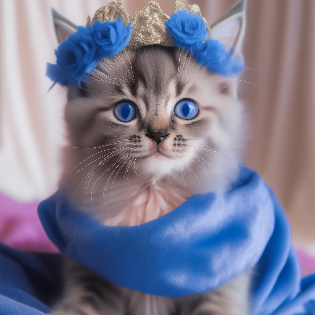 A gray kitten princess wearing a pink flower crown, curtsying to a blue-eyed kitten prince in a royal blue cape