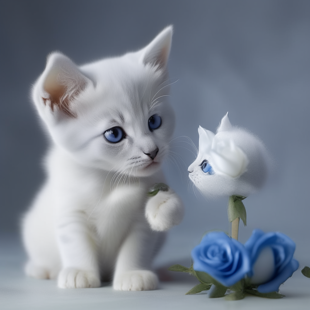 A playful blue kitten prince offering a white rose to an elegant gray kitten princess