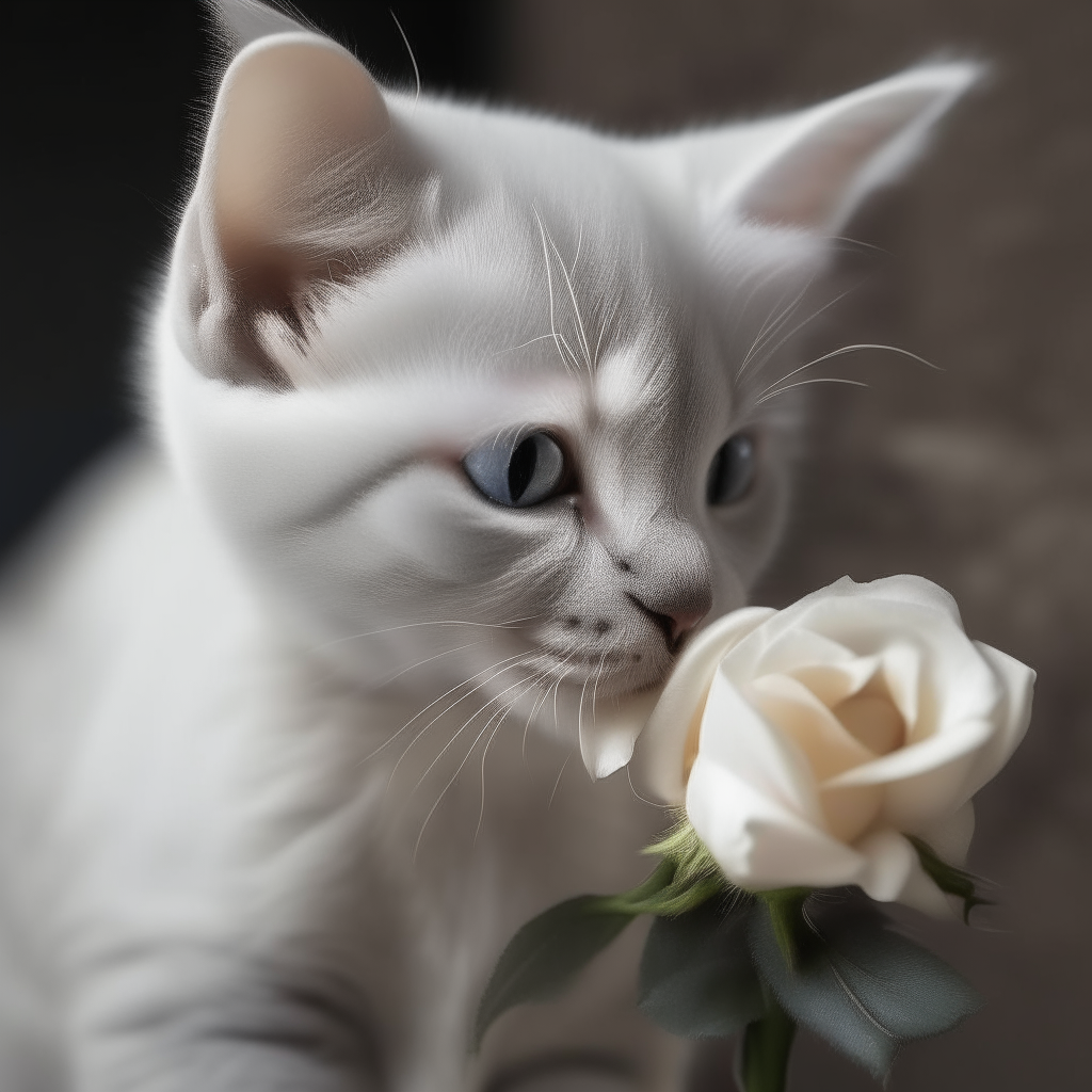 A curious gray kitten sniffing a large white rose, its soft petals