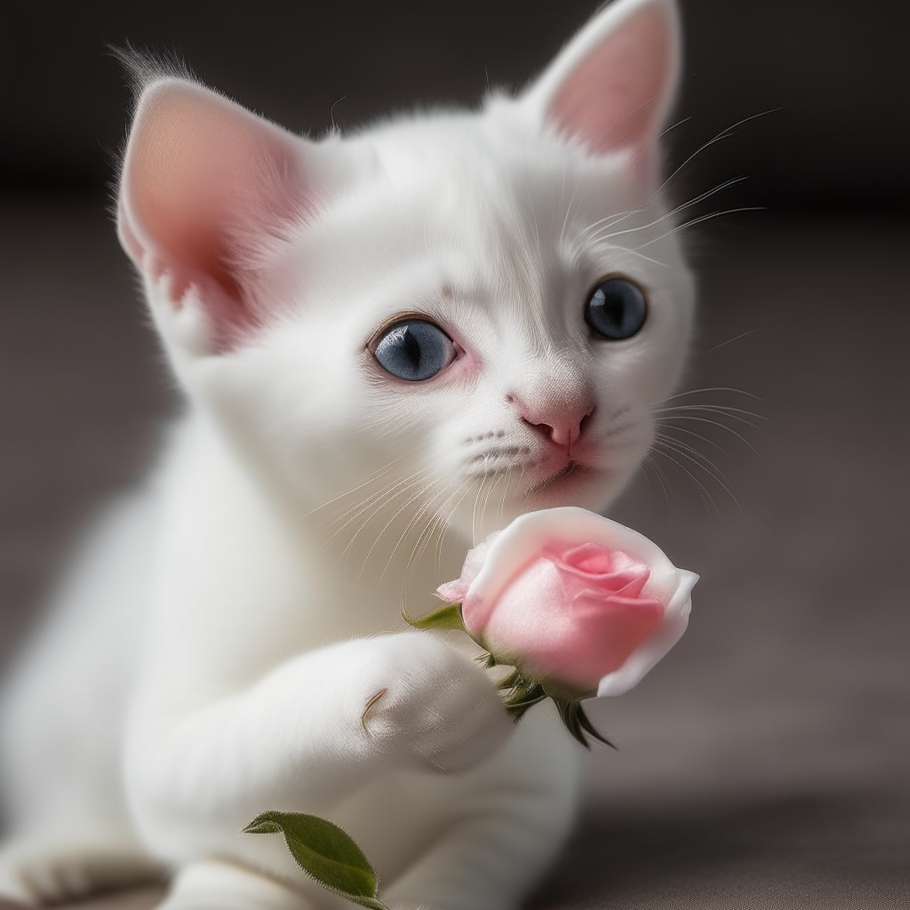 A playful white kitten holding a white rose in its paws, its pink nose scrunched up in delight