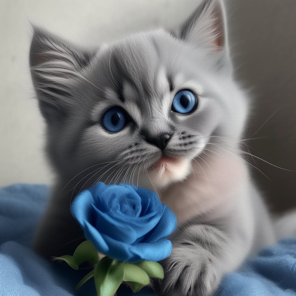 A gray kitten holding a large blue rose against its gray fur