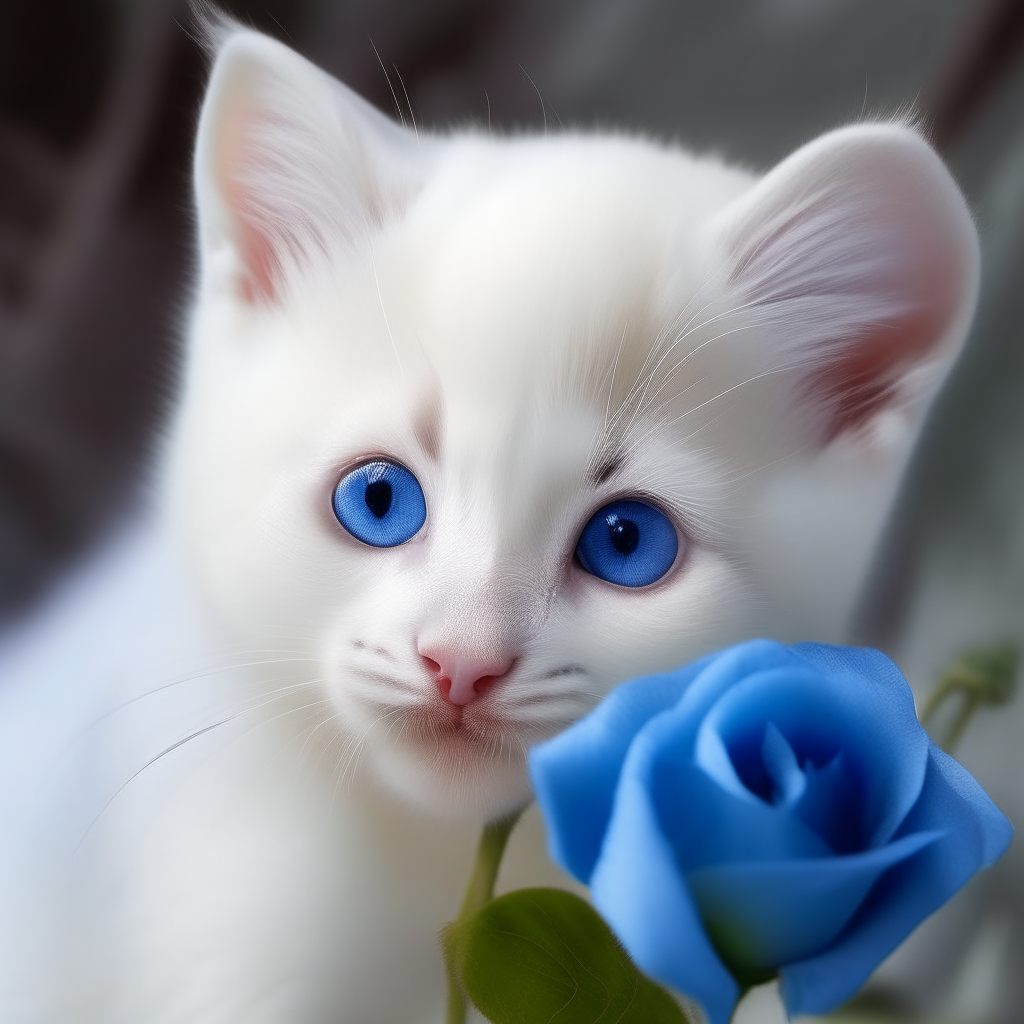 A curious white kitten with a blue rose almost as big as itself, peering around the soft blue petals