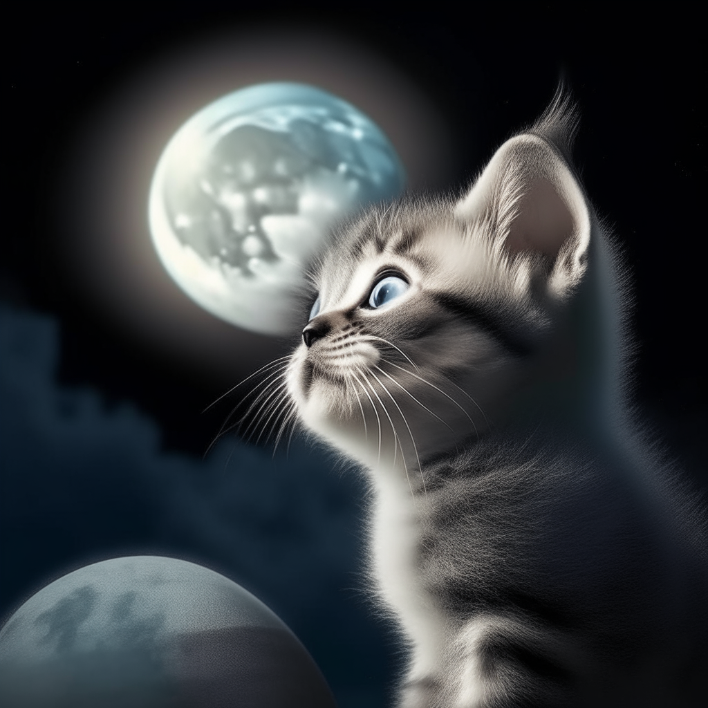 A curious gray kitten peering up at a huge full moon in the night sky