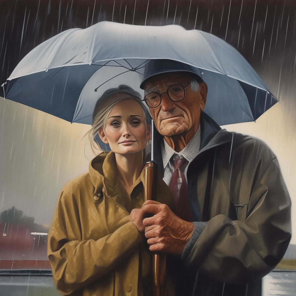 a painting of a woman holding a sign that says heavy rain, with an old man next to her wearing a hat and raincoat