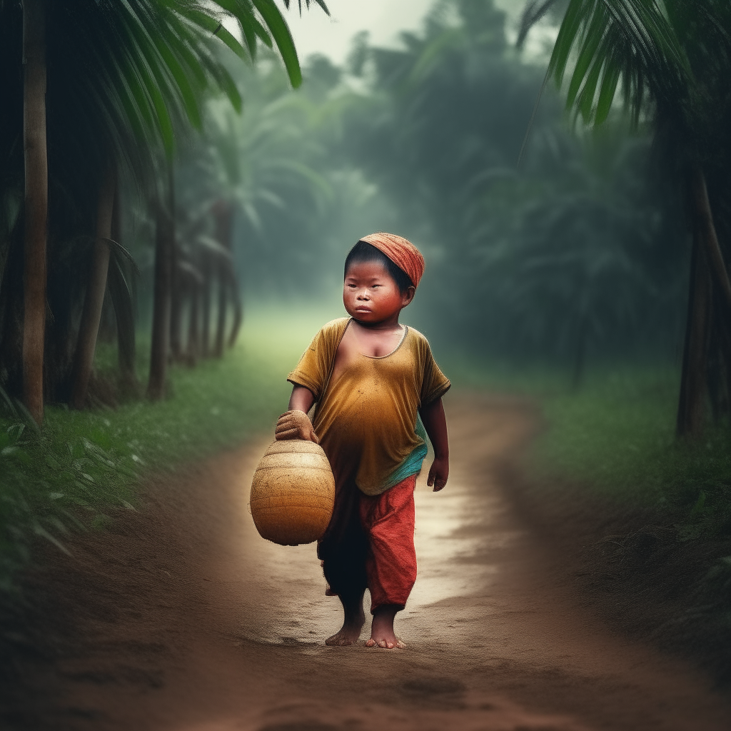 a realistic photo of a chubby Indonesian child carrying palm fruit on a muddy, dirty road in a palm oil plantation