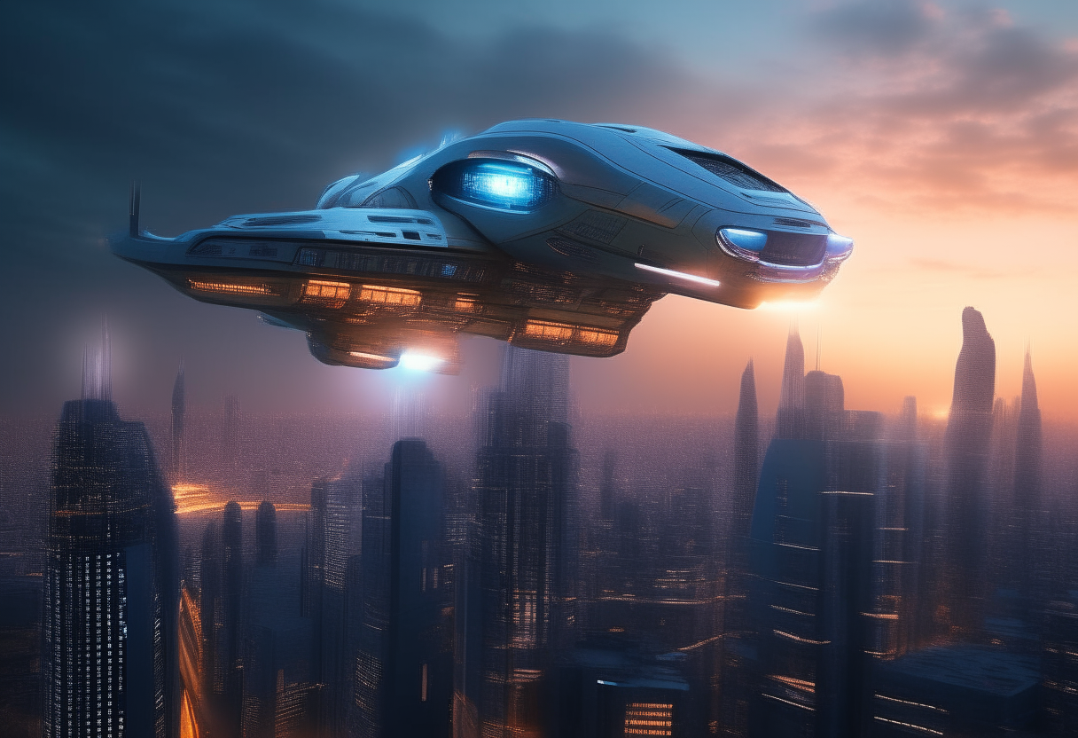 A sleek silver spaceship with glowing blue engines hovers high above a futuristic metropolis at dusk. Tall glass skyscrapers reflect the last rays of the setting sun as colorful lights begin to illuminate the city below. The spaceship appears to be on a reconnaissance mission, scanning the urban landscape below with its powerful sensors.