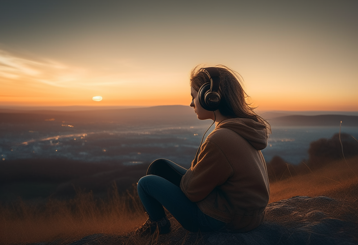 From a distance, a beautiful woman with headphones sitting on a windy hill looks like a scene out of a movie. The wind plays with her hair while she sits with her eyes closed, lost in the music. The view from the hilltop is stunning, with the sun setting in the distance and the city lights starting to twinkle in the valley below. It's a peaceful moment, and the woman seems to be enjoying it fully. Perhaps she is reflecting on the day gone by or just taking a moment to unwind after a busy day. Whatever her reason for being there, it's clear that she is content and at peace with herself. The moment is a reminder that sometimes, all we need is a little time alone to appreciate the beauty around us and find inner peace.