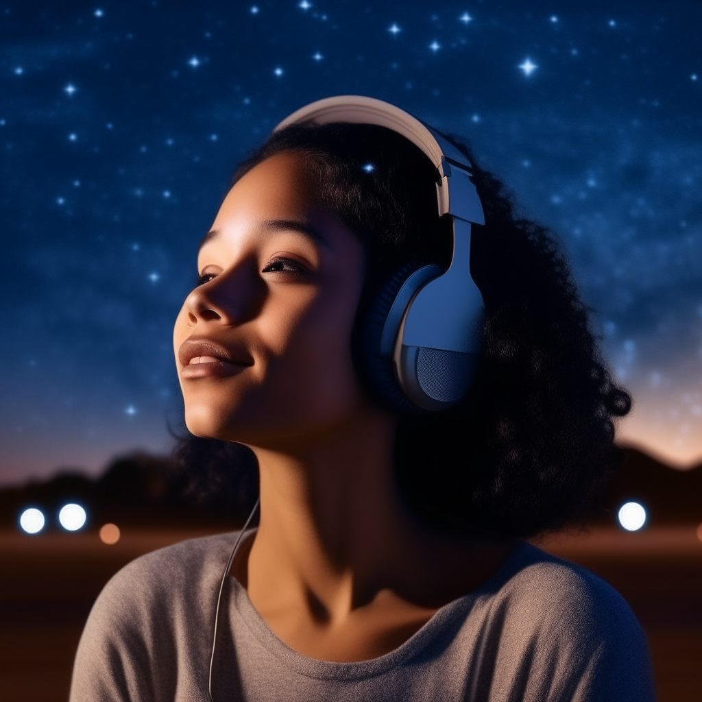 A beautiful happy biracial woman in ancient Egypt wearing headphones at night looking at the beautiful stars in the Milky Way