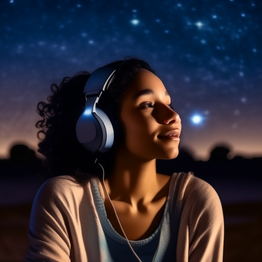 A beautiful happy biracial woman in ancient Egypt wearing headphones at night looking at the beautiful stars in the Milky Way