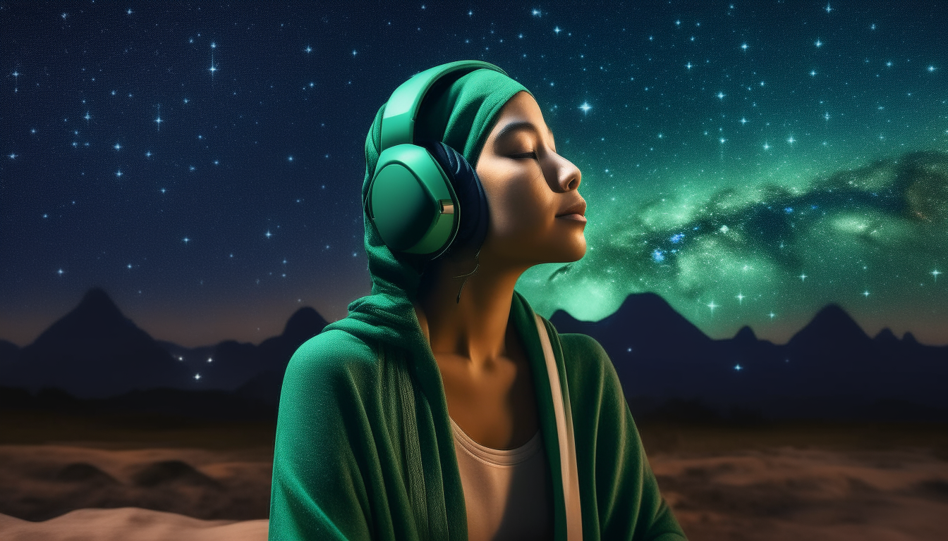 One woman in green in ancient Egypt wearing headphones at night looking at the beautiful stars in the Milky Way