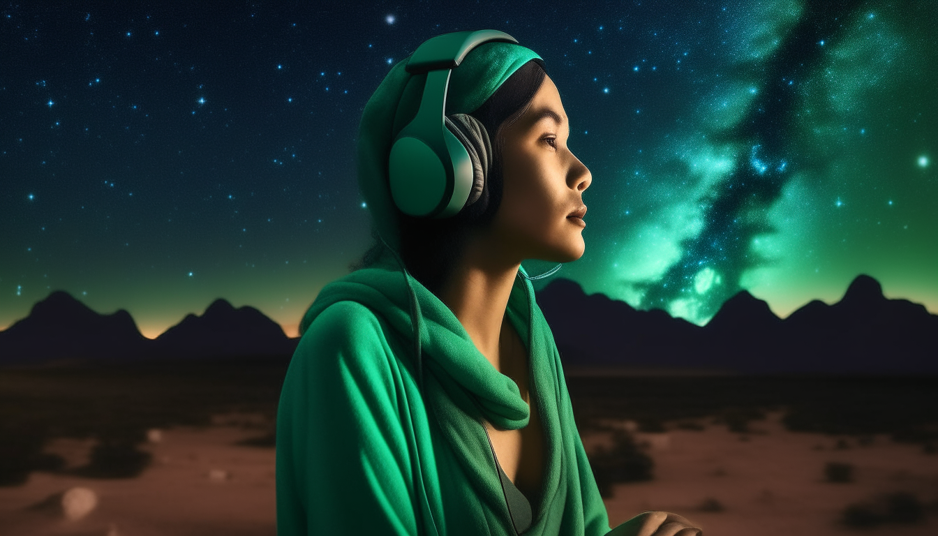 One woman in green in ancient Egypt wearing headphones at night looking at the beautiful stars in the Milky Way