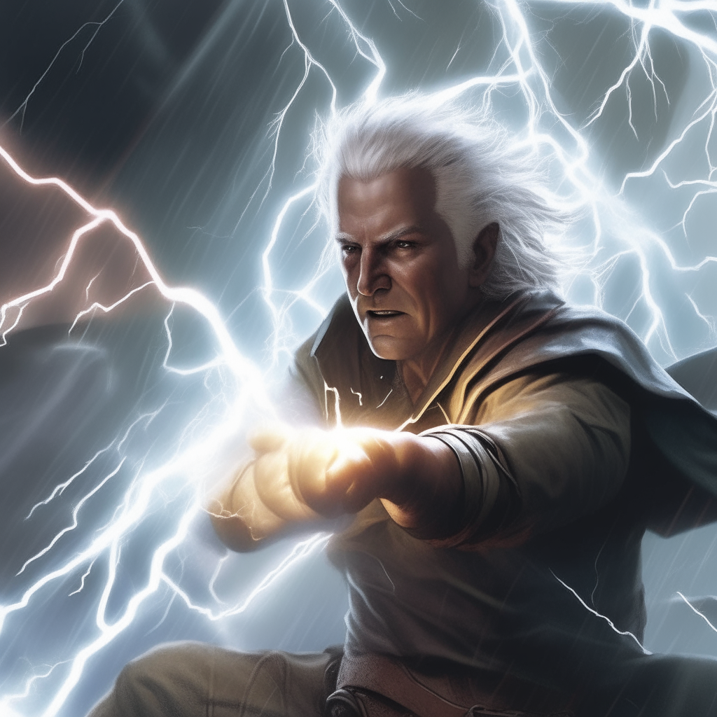 A silver-haired man, covered in lightning, prepares to attack