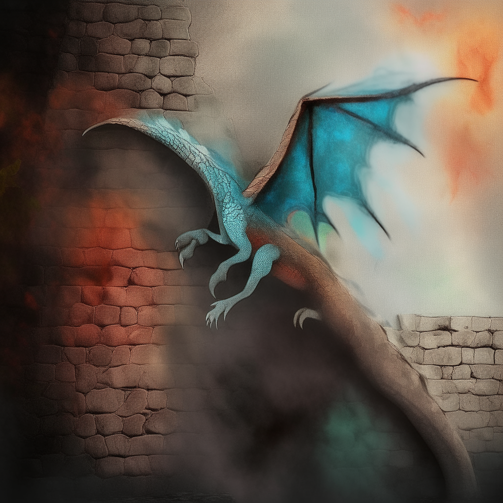 A dragon's claw and wing emerge from a magical painting on an old stone wall