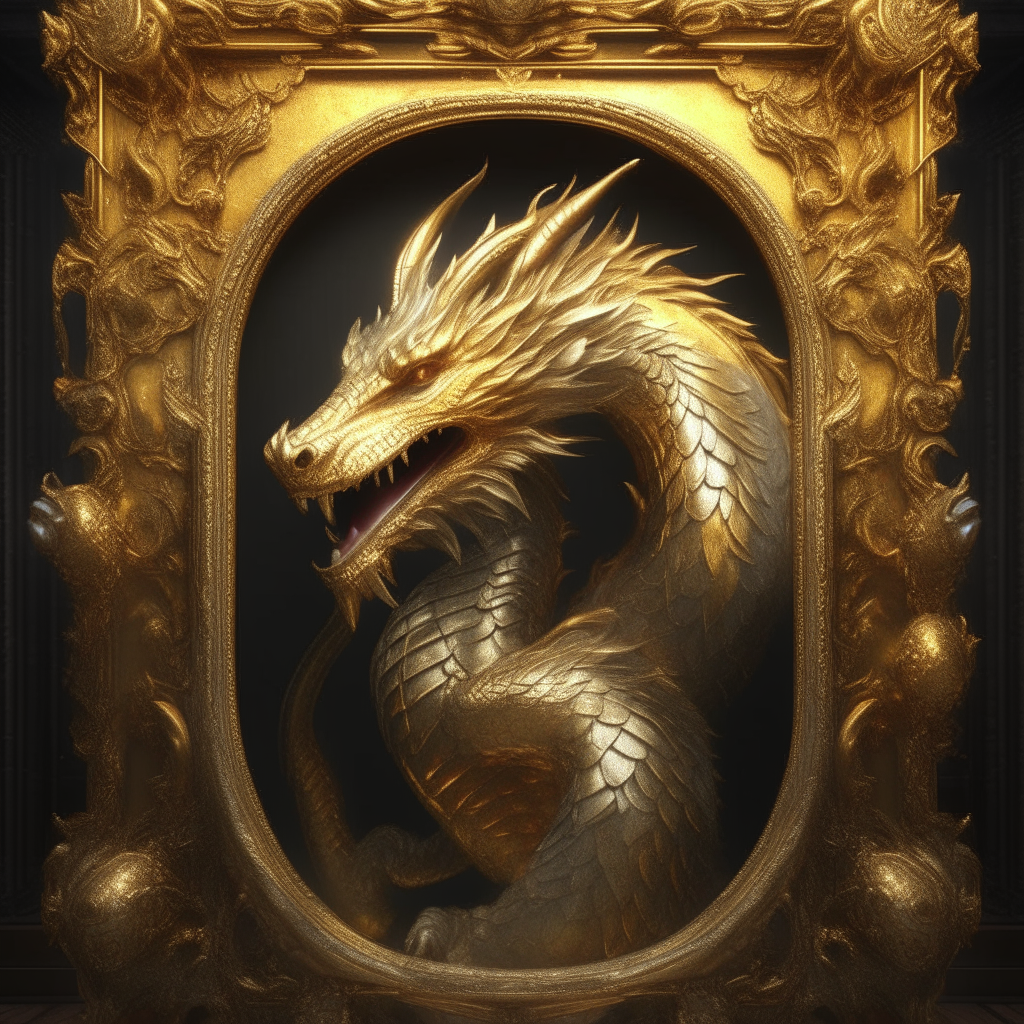 A majestic dragon emerging from an ornate golden frame, its scales glittering in the light