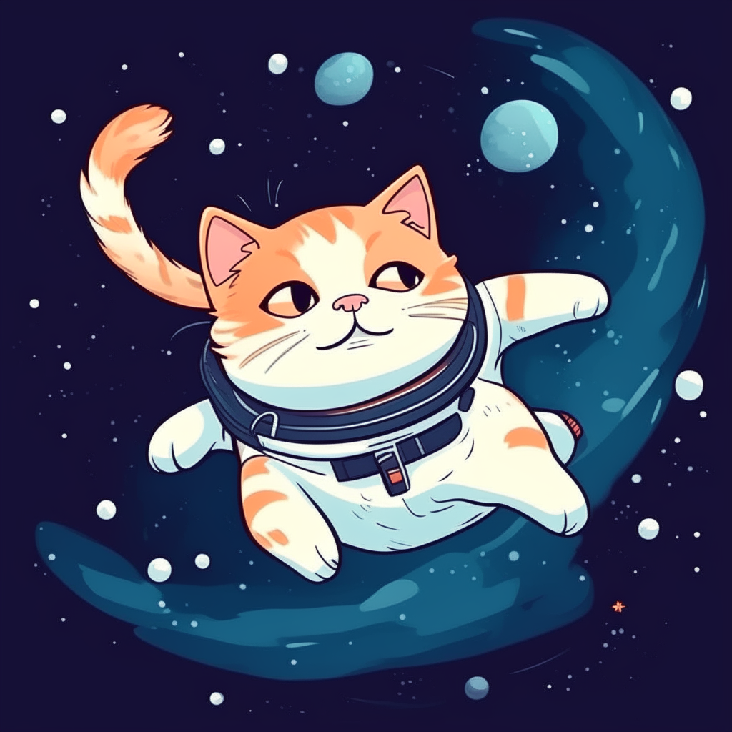 A cartoon space cat floating in zero gravity, surrounded by stars