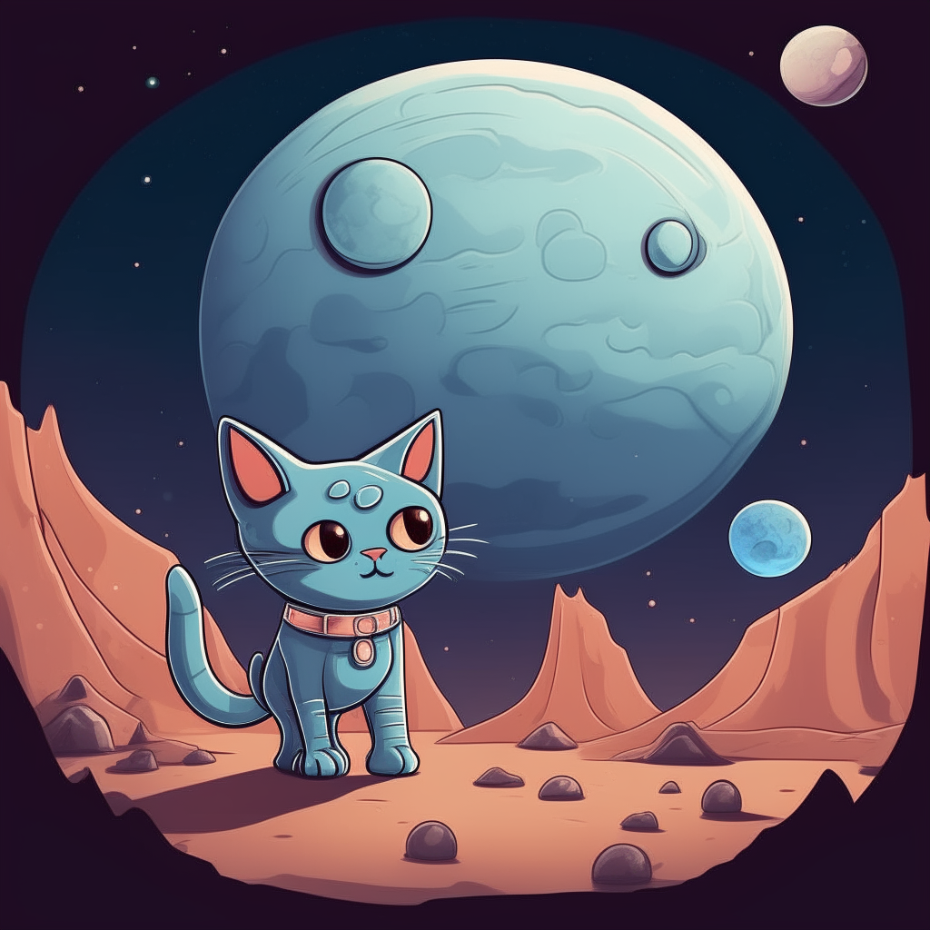 A cartoon space cat exploring an alien planet, with two moons in the sky