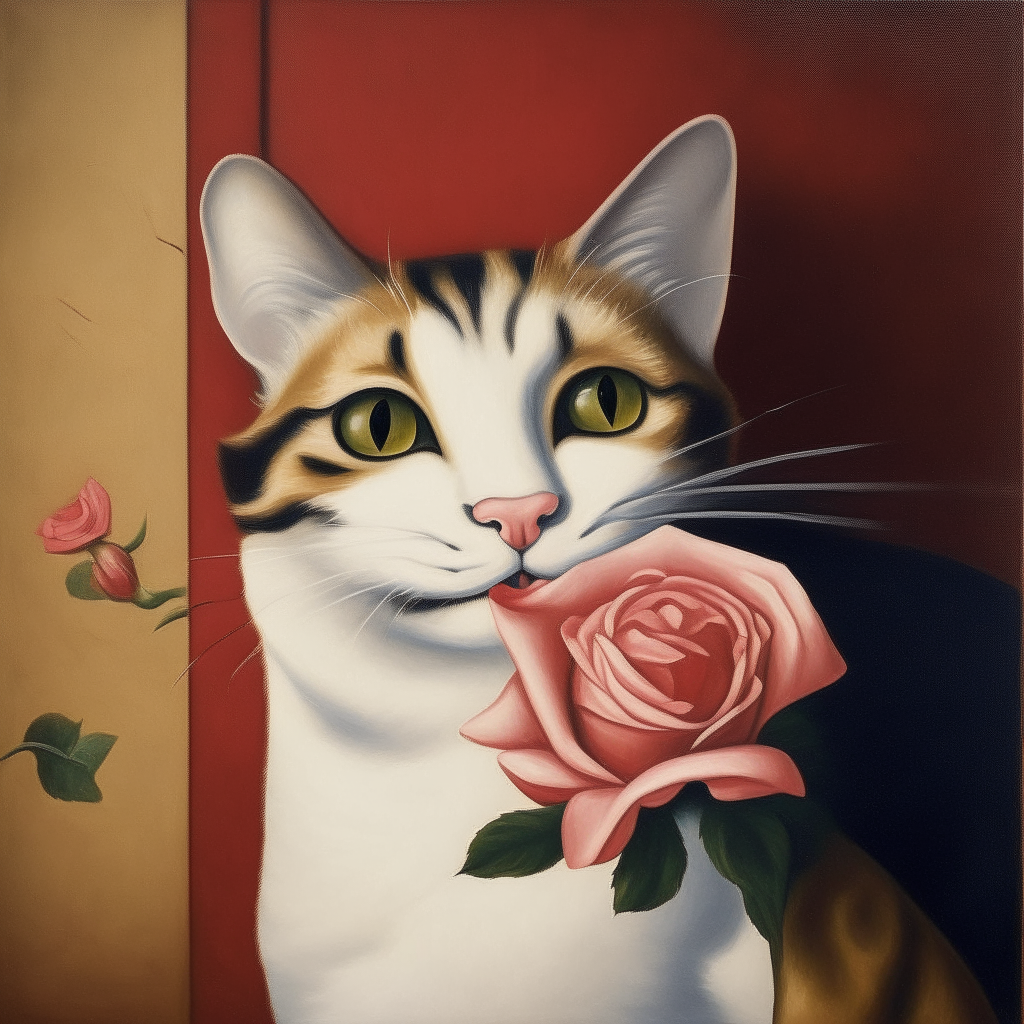 A cartoon portrait of a cat peeking out of a painting, holding a rose in its mouth