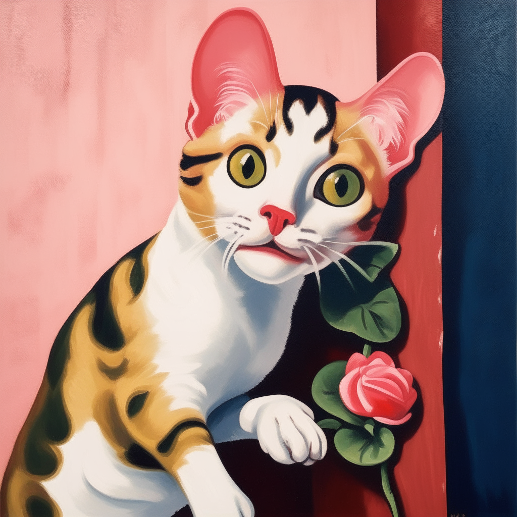 A cartoon portrait of a cat climbing out of a painting, with a rose behind its ear