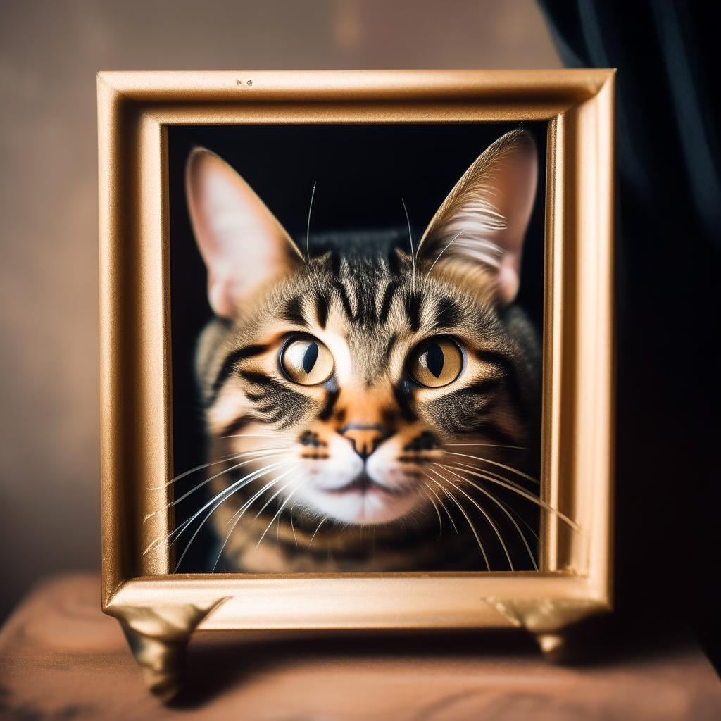 A playful tabby cat peeking its head out of a gold photo frame