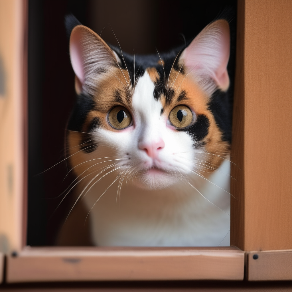 A curious calico cat with one paw raised, peeking out from a wooden portrait