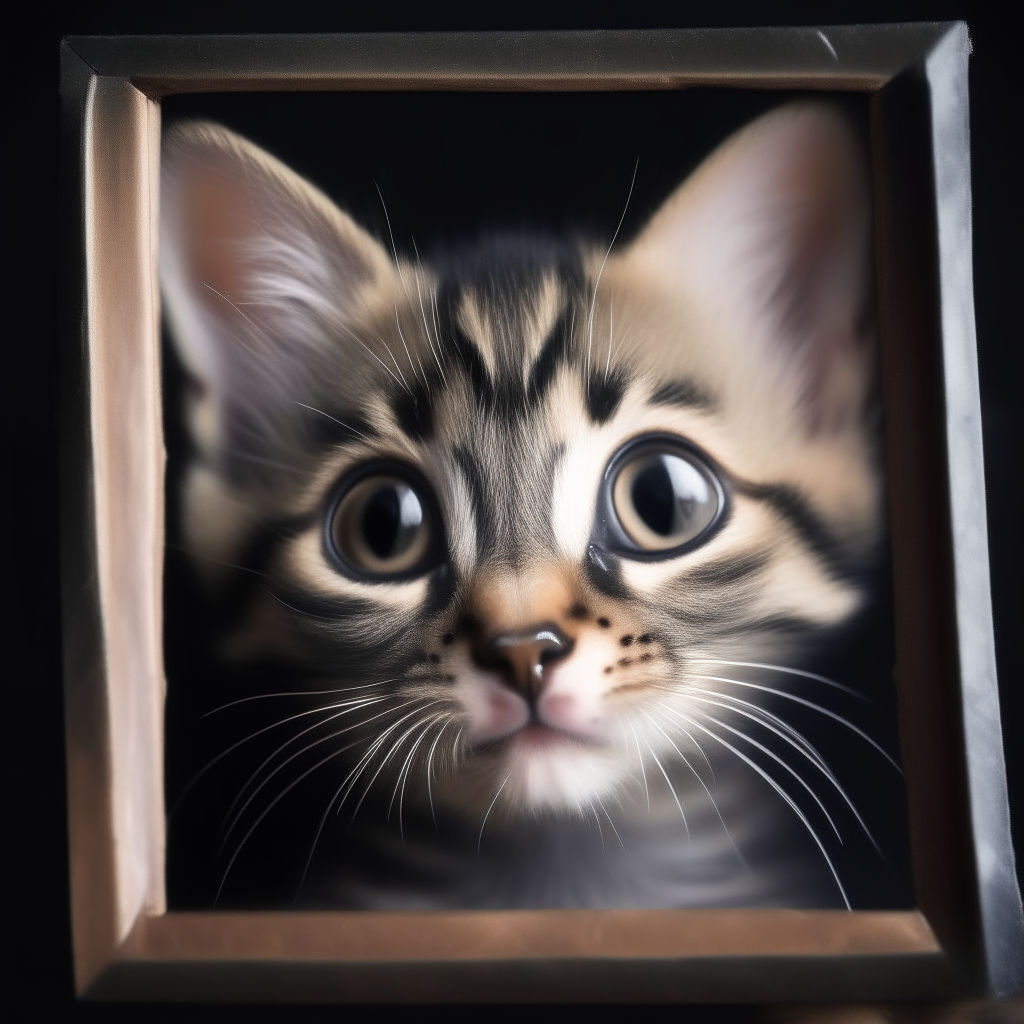 A portrait of a kitten peeking its head out of the frame