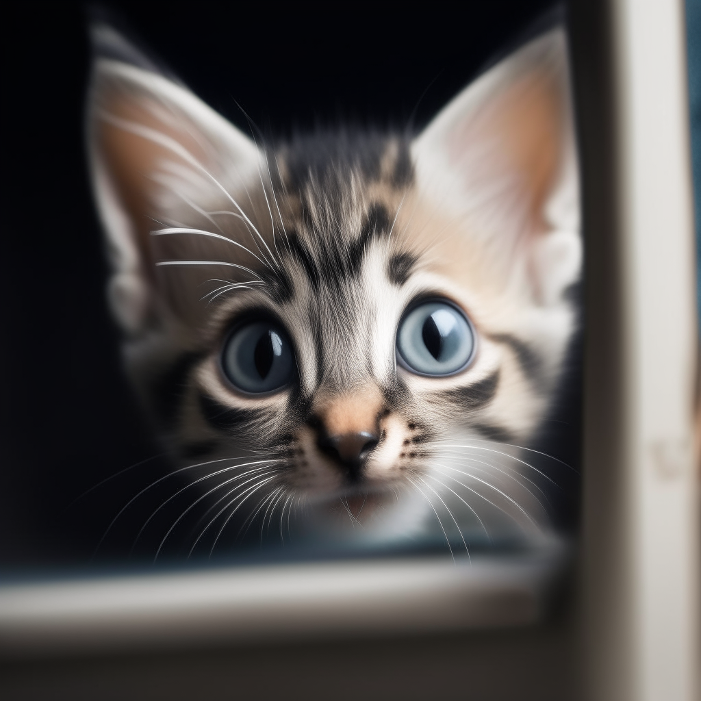 A portrait of a curious kitten looking out from behind an object