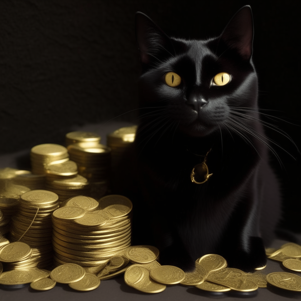 A black cat with small dragon horns and claws, sitting beside a pile of gold coins