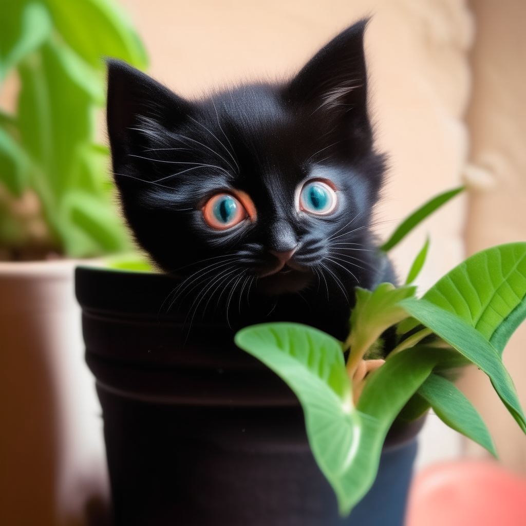 A black dragon kitten peering out from behind a potted plant, its tail curled around it