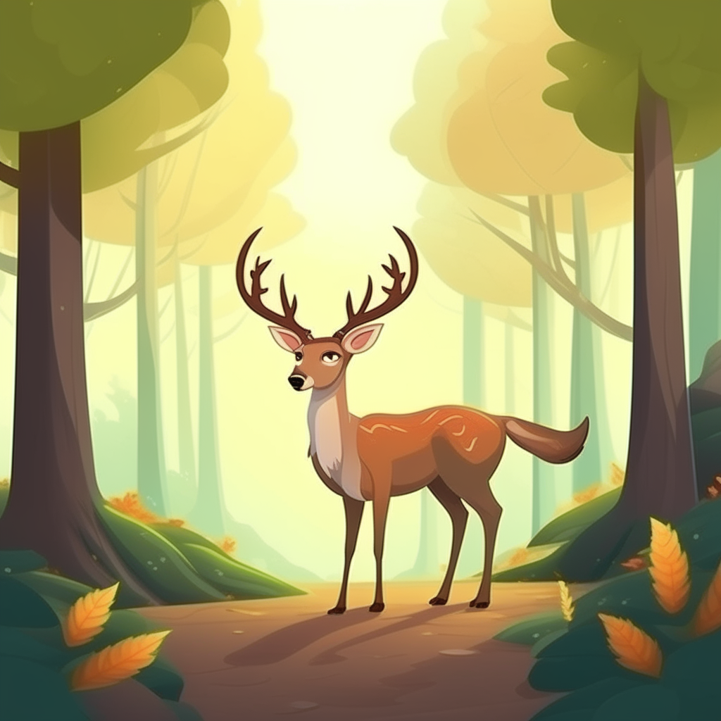 A beautiful cartoon deer standing in a forest clearing