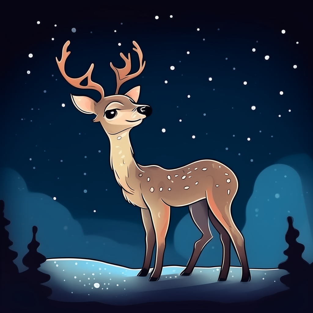 A beautiful cartoon deer looking up at the night sky