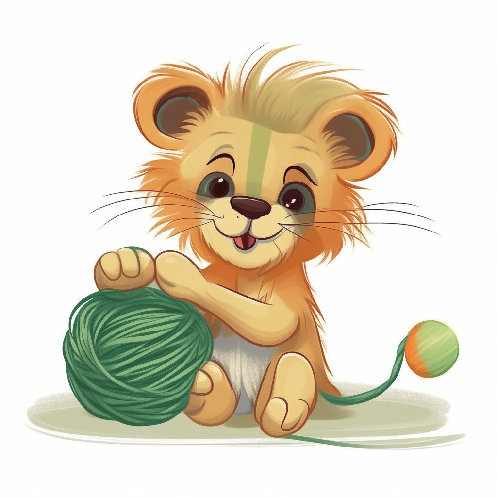 A cartoon lion cub playing with a ball of yarn