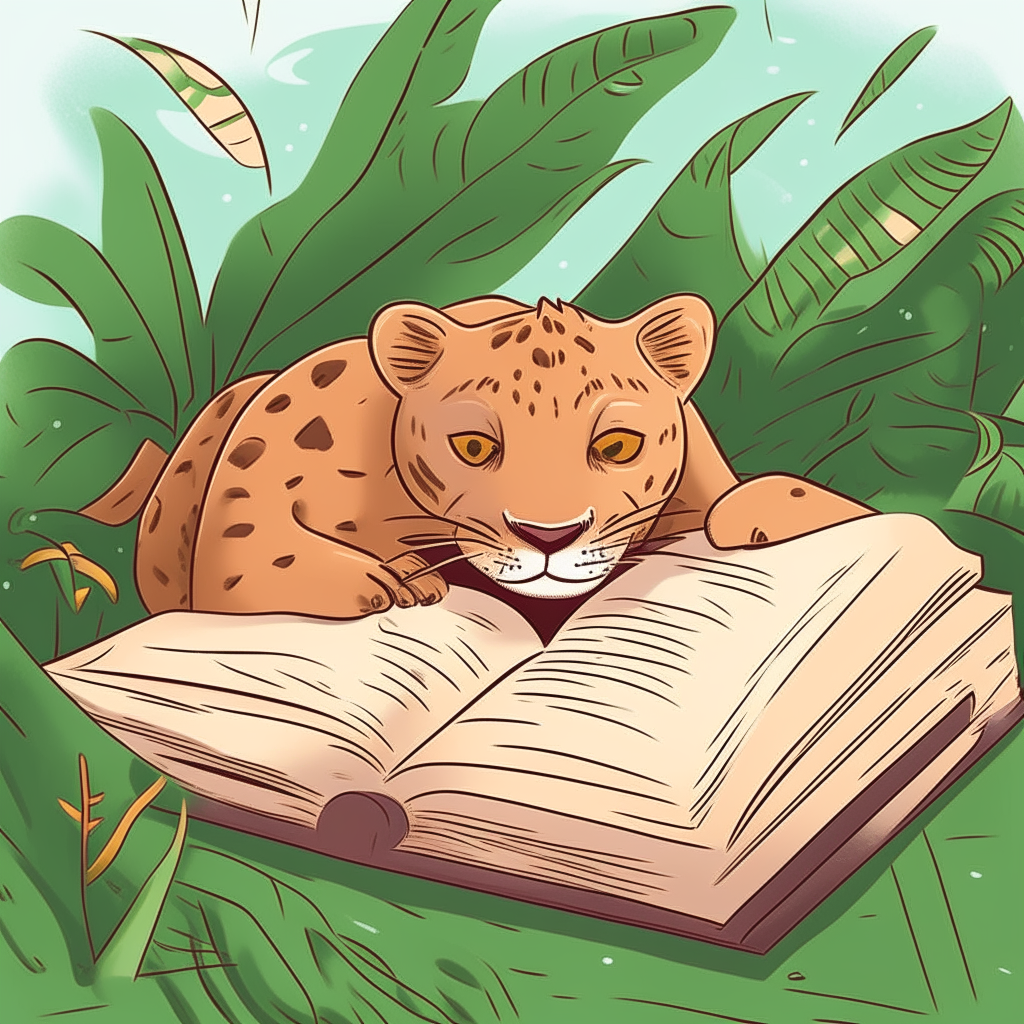 A cartoon puma napping on an open book about jungle animals