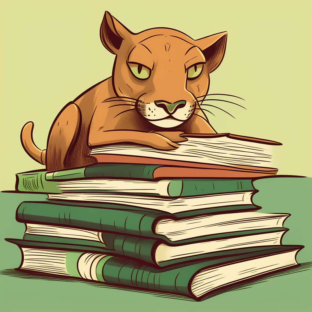 A cartoon puma peering interestedly at a book on top of a stack of literature