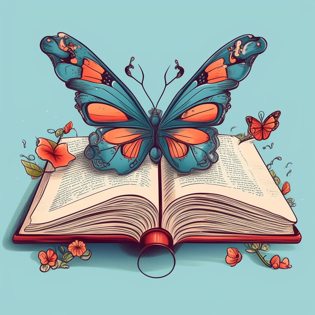 A cartoon butterfly perched on the edge of an open book, its wings decorated with patterns of flowers