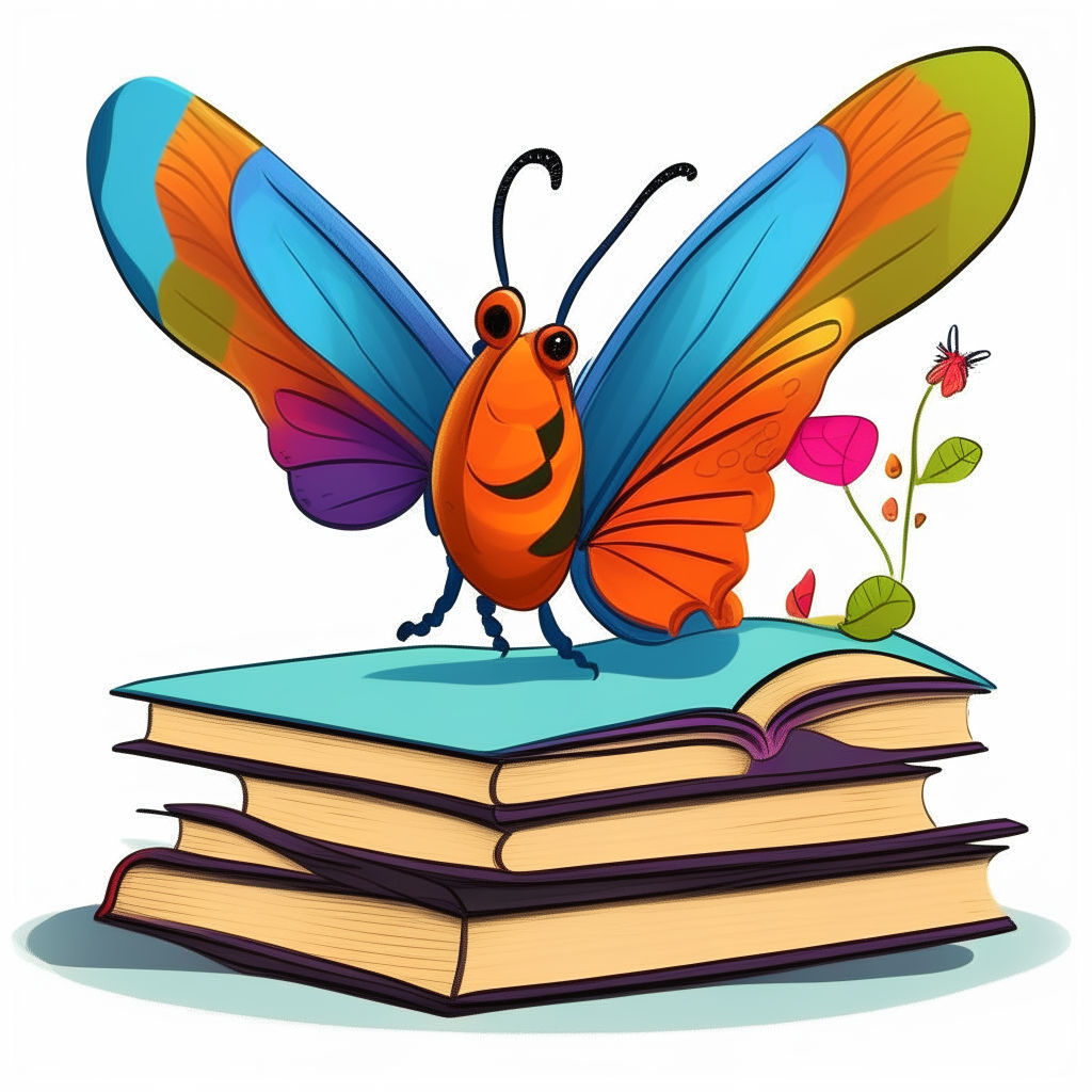 A cartoon butterfly landing on a pile of books, its antennae and colorful wings extended
