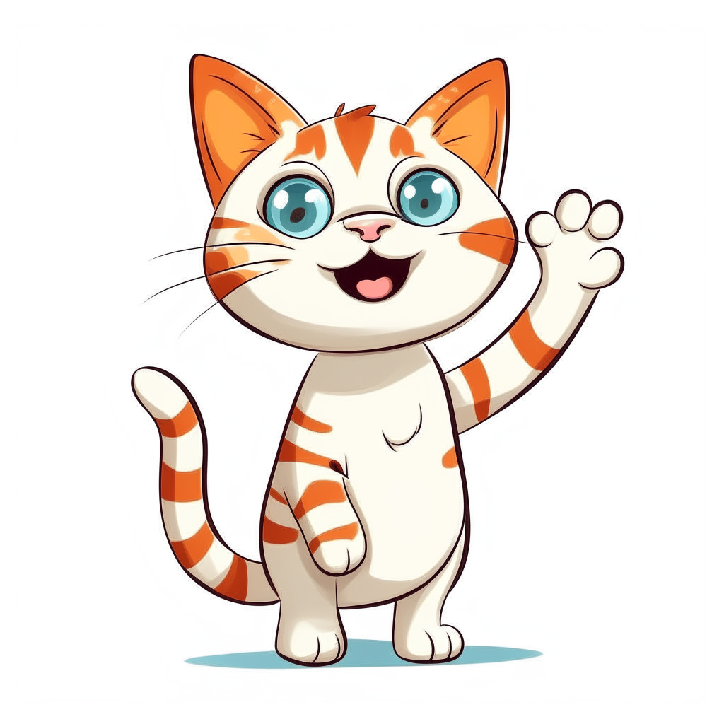 A cartoon cat smiling and waving its paw