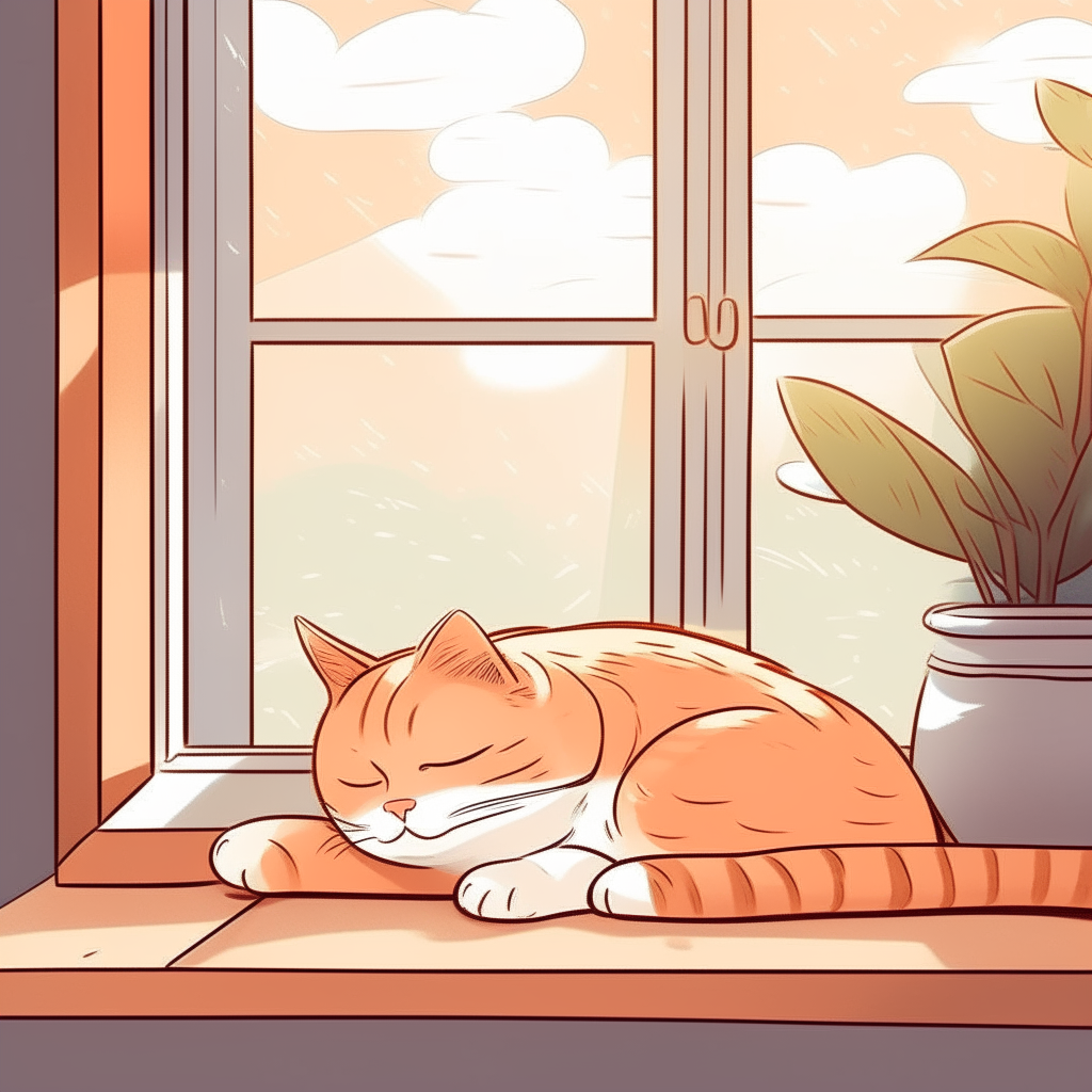 A cartoon cat napping on a sunny windowsill