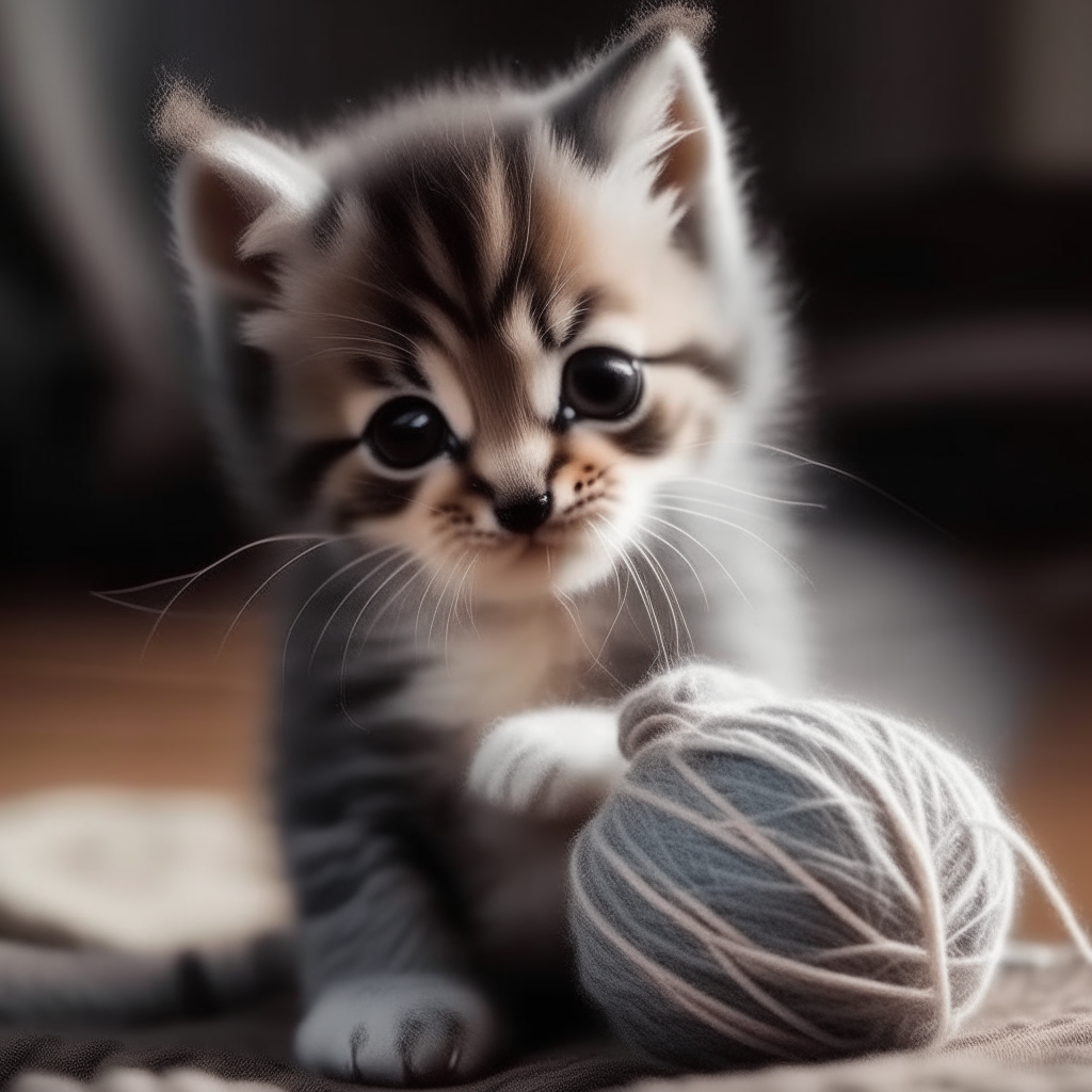 A cute kitten playing with a ball of yarn