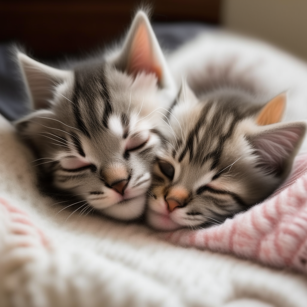 Two kittens napping together on a soft blanket