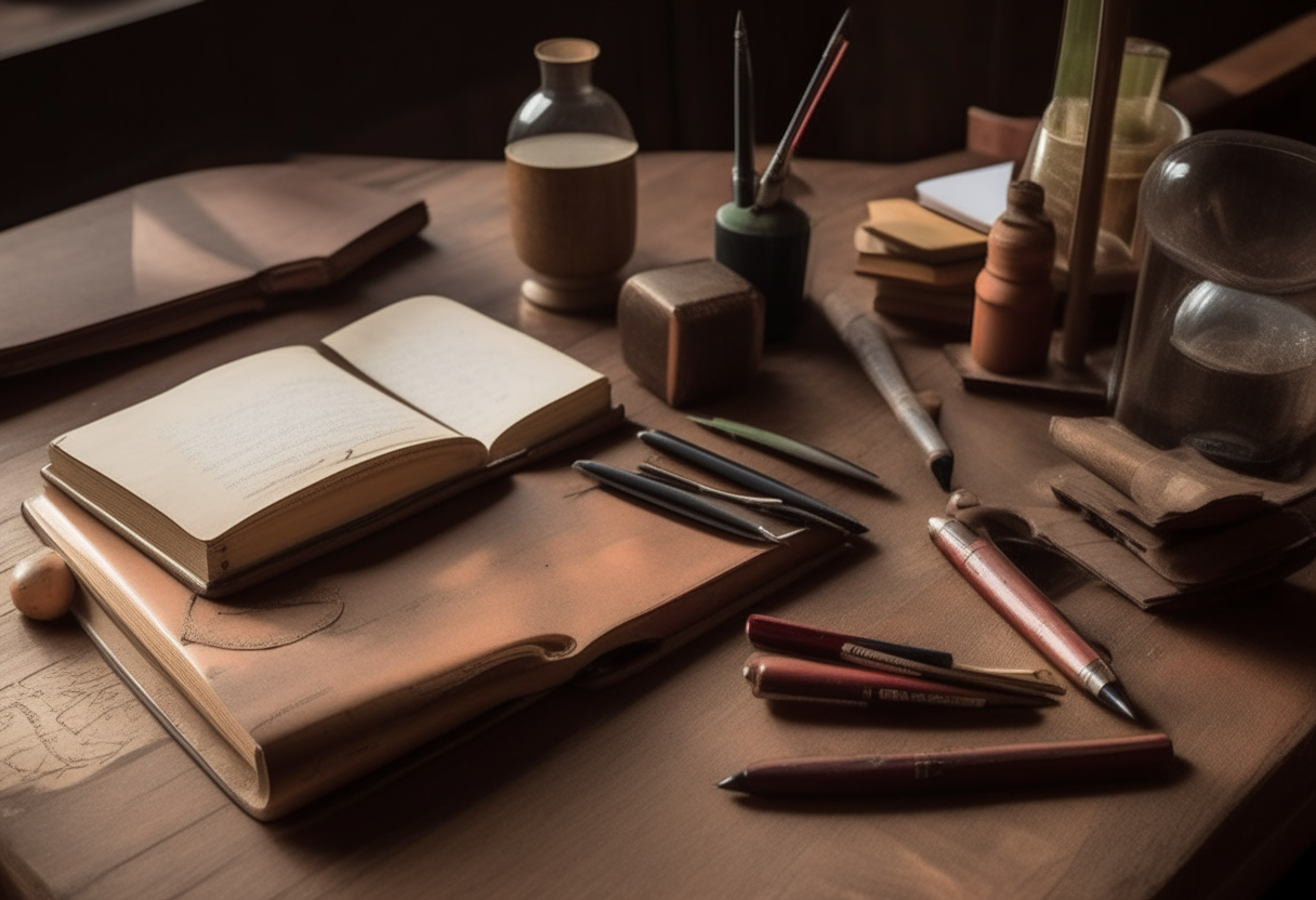 Various writing tools and books on a wooden desk