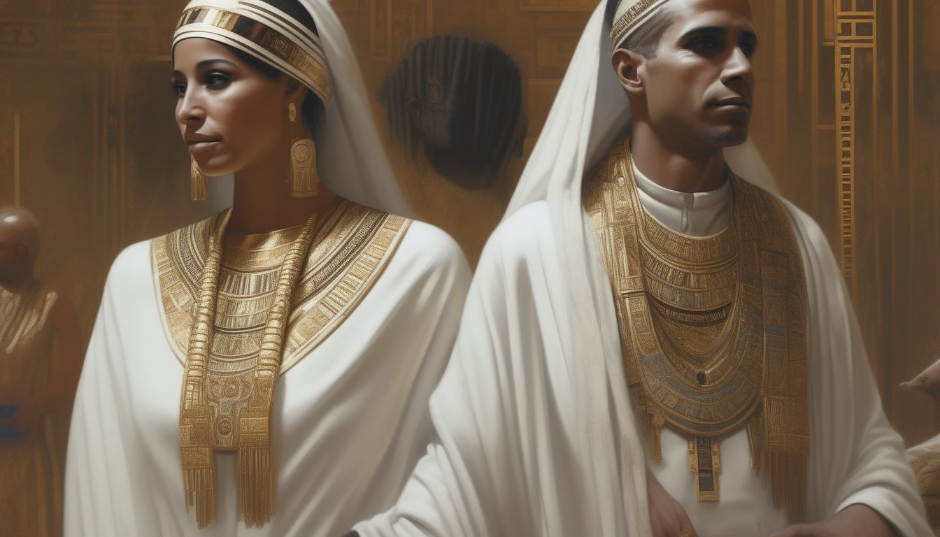 a highly detailed 4k painting of two egyptian men wearing white robes and an egyptian woman wearing gold jewelry and a white dress, intricate details and textures