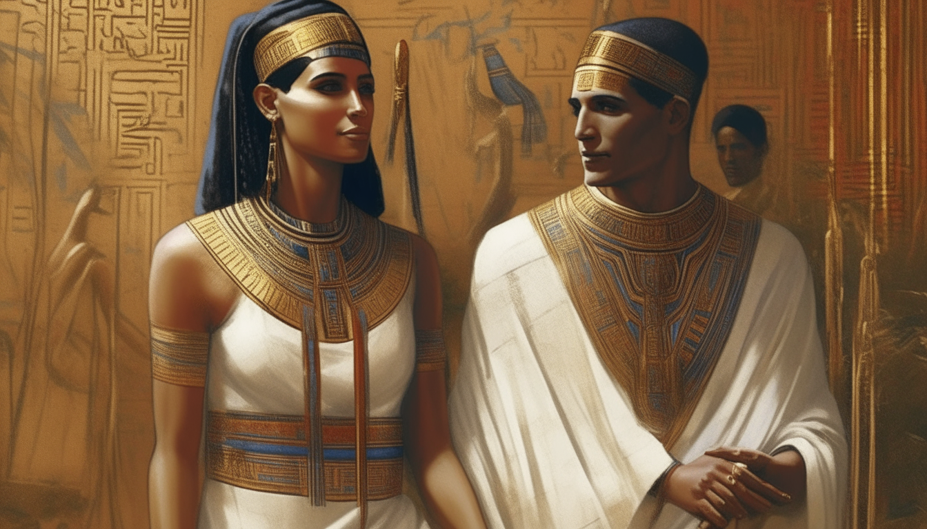 a highly detailed 4k painting of two egyptian men wearing white robes and an egyptian woman wearing gold jewelry and a white dress, intricate details and textures, edited version