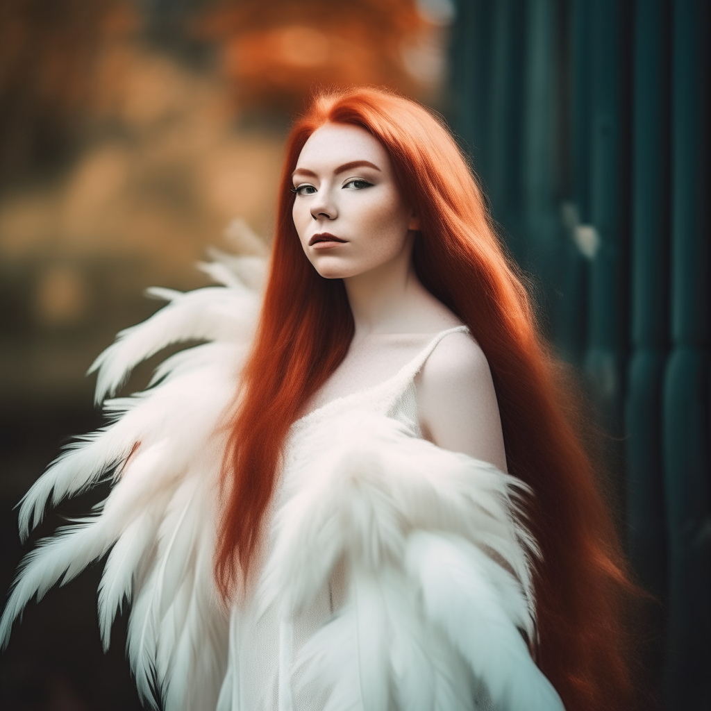 a woman with long black hair wearing a white feather dress posing outdoors a woman with red hair wearing a white feather dress posing outdoors