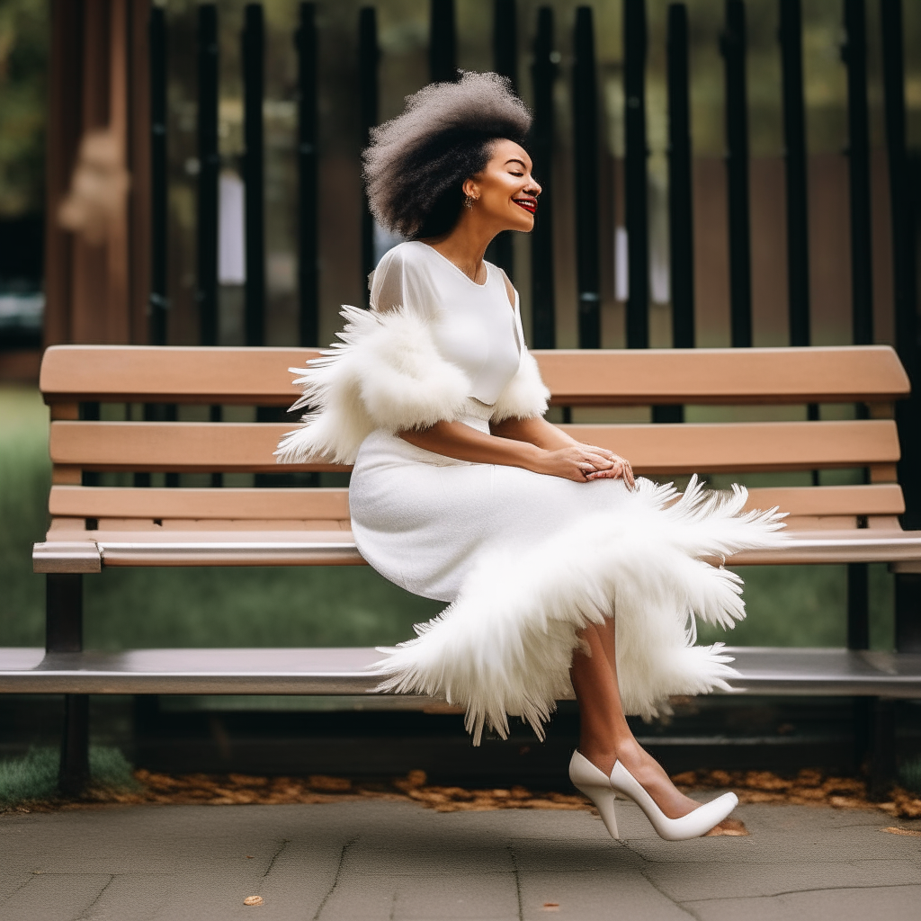 a woman wearing a white feather dress dancing outdoors a woman wearing a white feather dress sitting on a bench outdoors