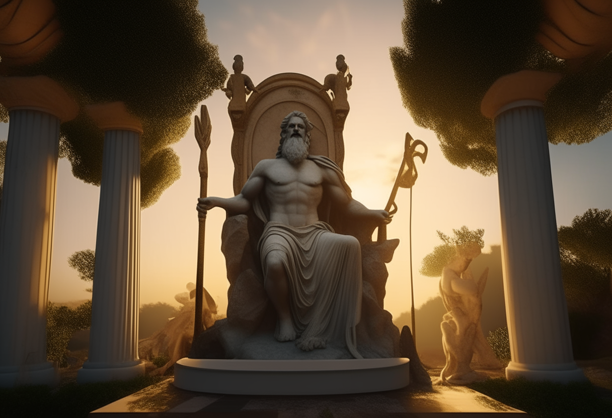 Zeus sitting on a throne inside an ancient greek temple, Poseidon stand at Zeus right with is trident and the goddess Athena armed with a spear stands at his left and an ancient oval greek shield, near an olive tree, very detailed, dawn light, cinematic