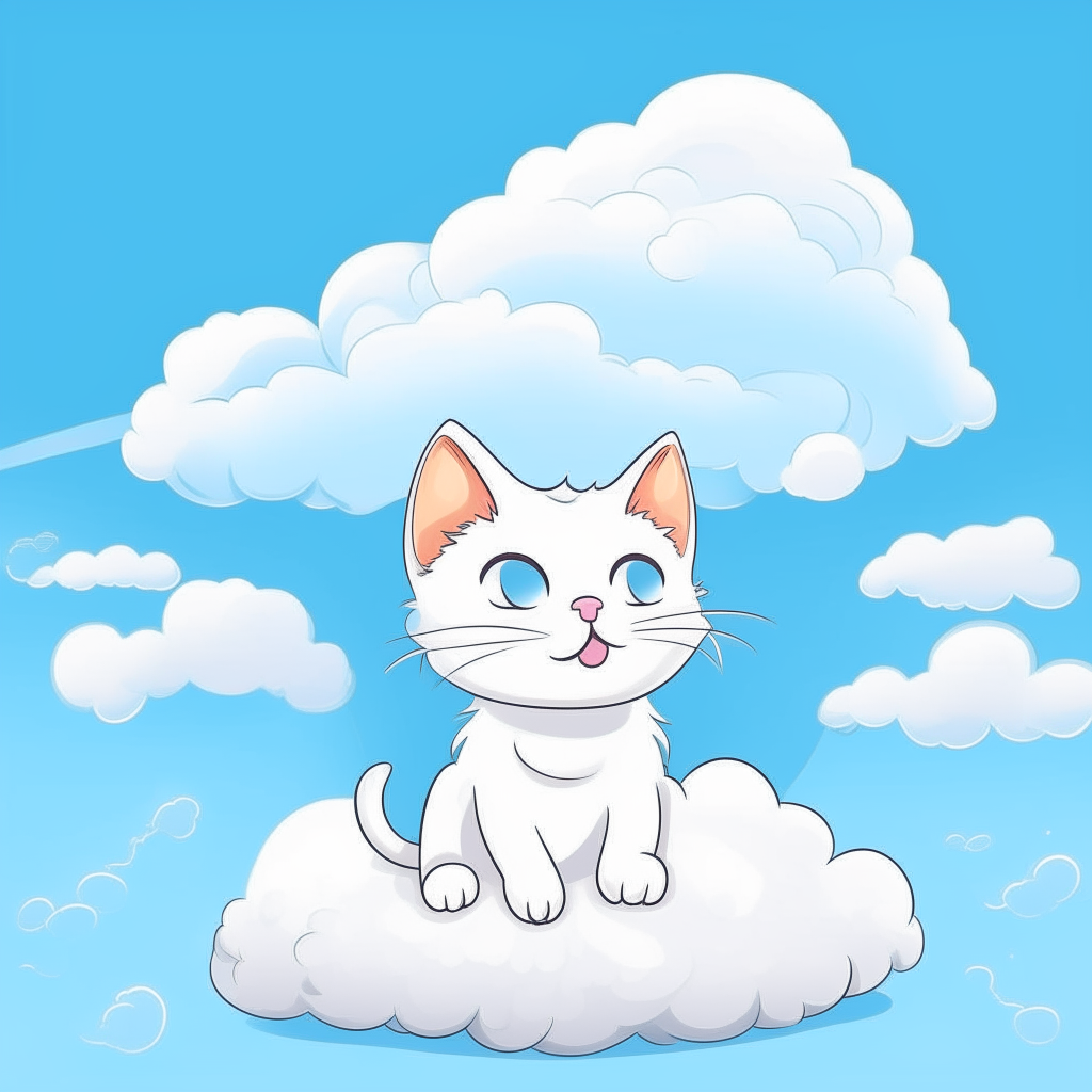 A cartoon cat sitting on a fluffy white cloud under a blue sky