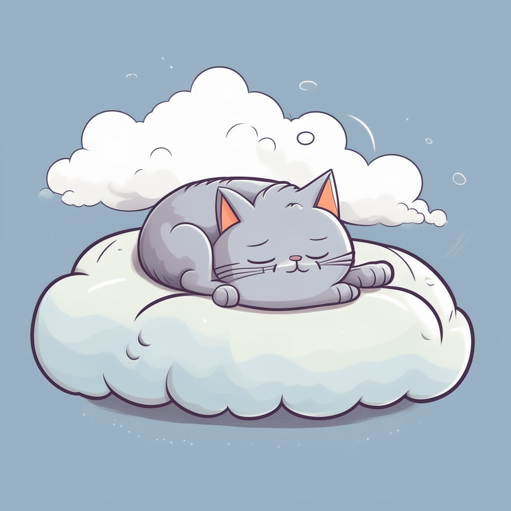A cartoon cat napping on a puffy gray cloud on a sunny day