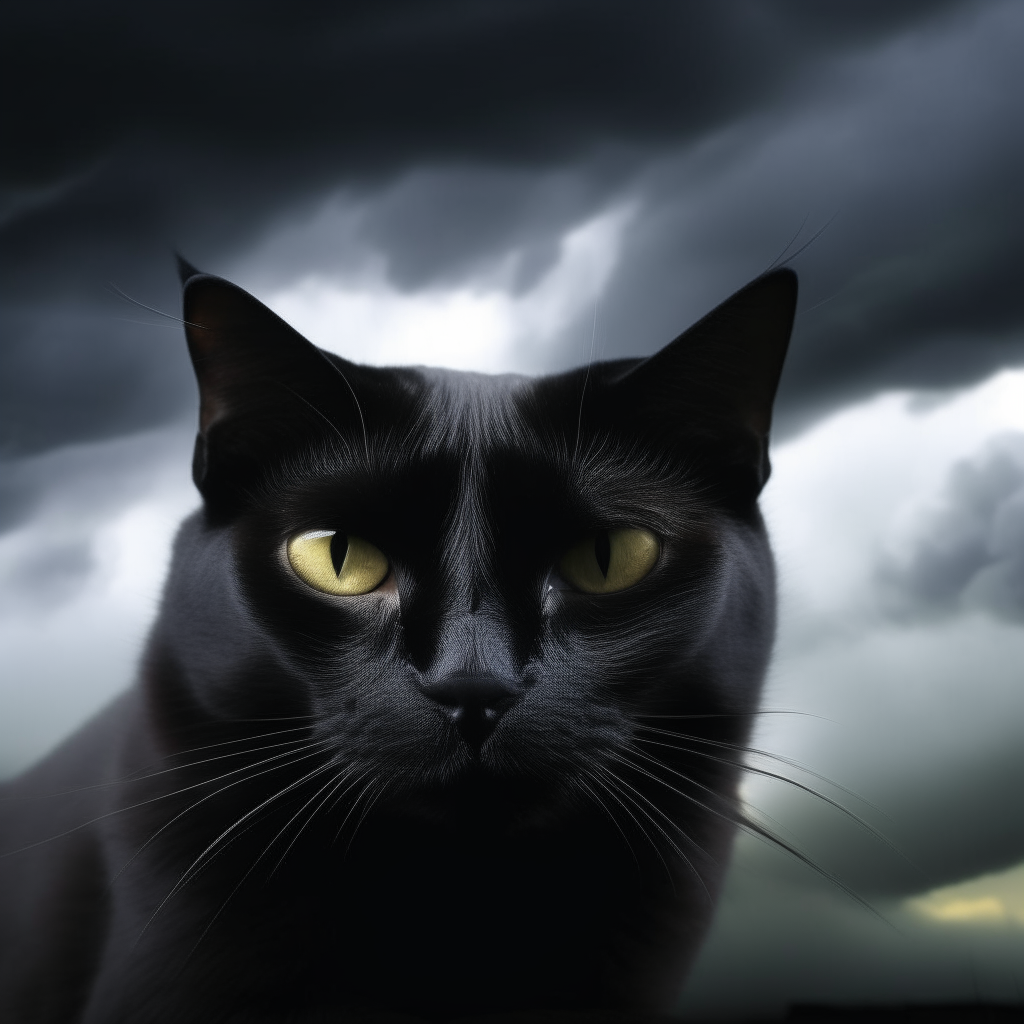 A black cat peering over the edge of a dark storm cloud, ready to pounce