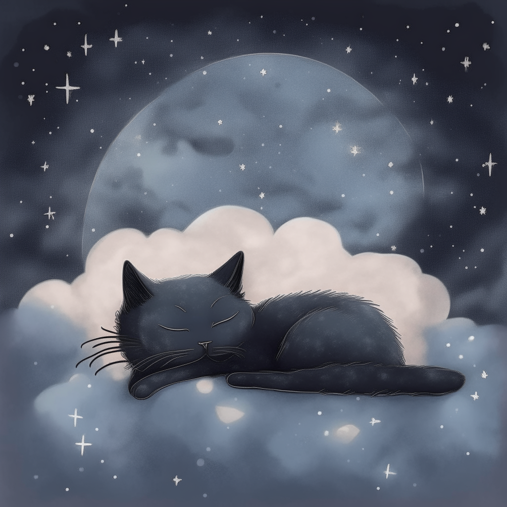 A black cat napping on a fluffy gray cloud under a night sky filled with stars