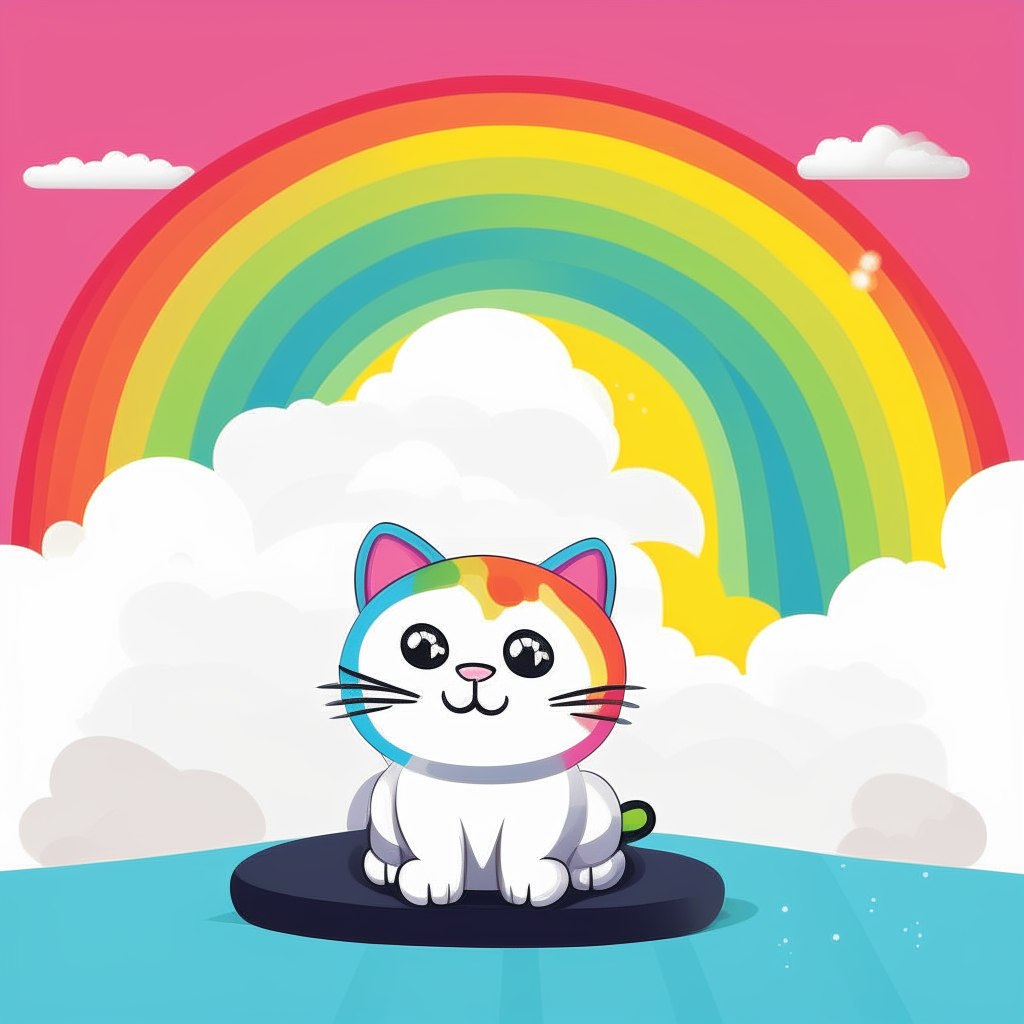 A cartoon cat sitting on a colorful rainbow under puffy white clouds